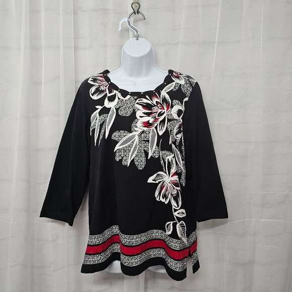 Alfred Dunner Black Red Floral Studded Tee Blouse Jersey Casual S - Picture 1 of 14
